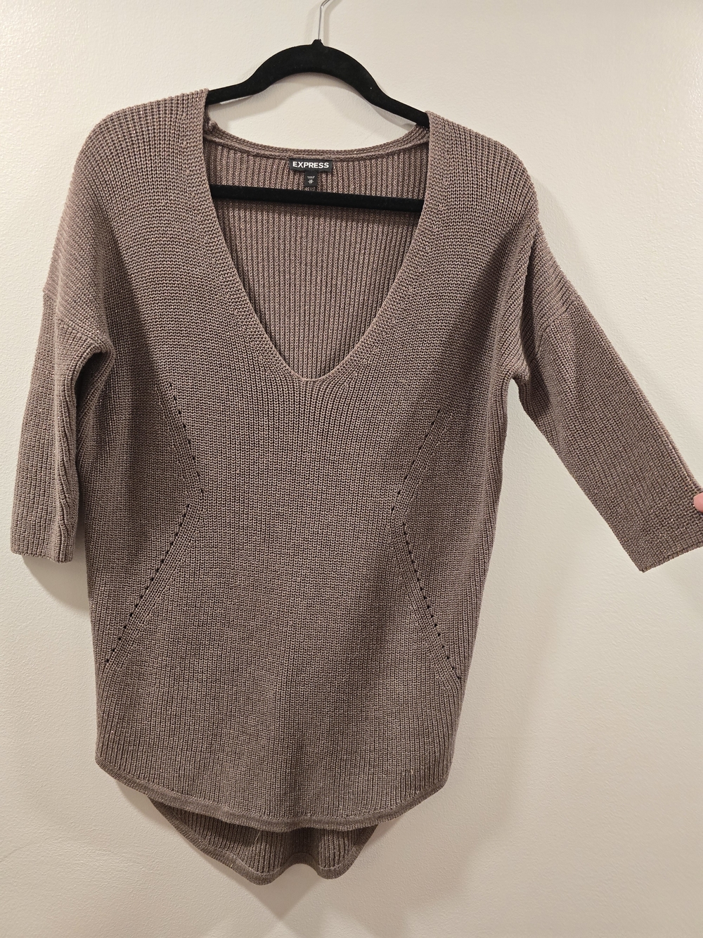 Express Deep V-Neck Knit Tunic Sweater Taupe Brown/Sparkle - XS